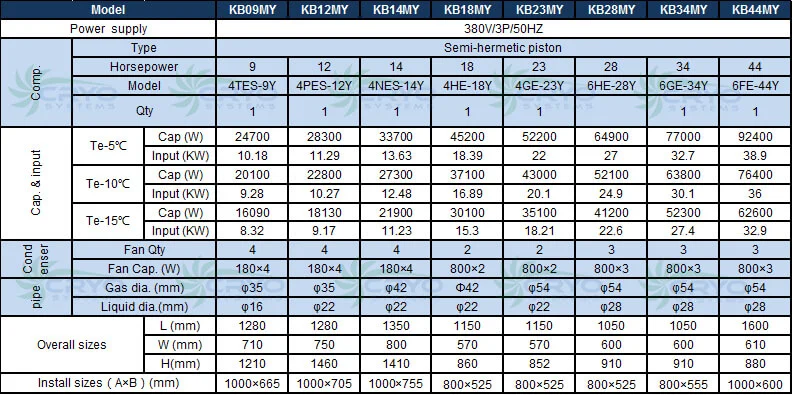 bitzer condensing unit Technical Parameters